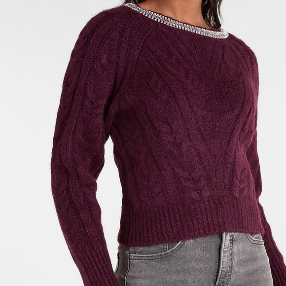 Express Cable Knit Embellished Neckline Sweater - Picture 2 of 14